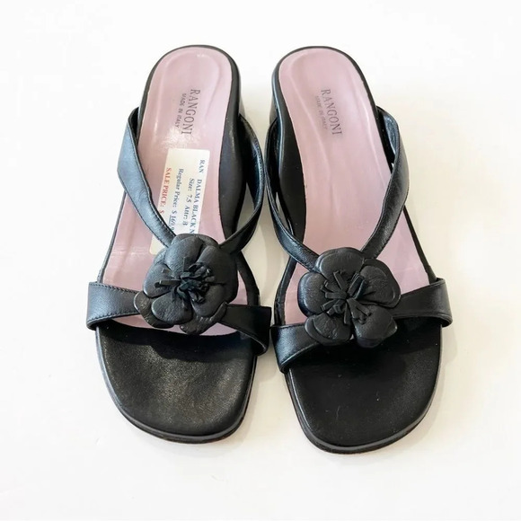 Rangoni Dalma Black Napa Leather Sandals Floral Mini Wedge Women’s Size 7.5 $170 - Picture 5 of 12